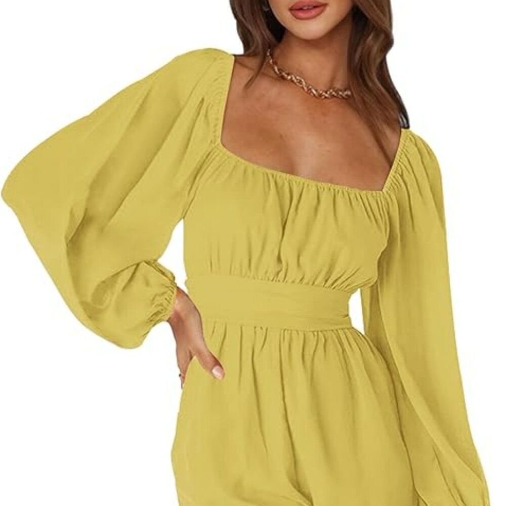 2024 Summer Square Neck Tie Back Dressy Chiffon Mini Short Jumpsuit